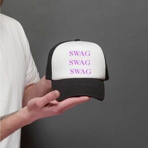 Black & White Trucker Hat with Purple "SWAG" Text